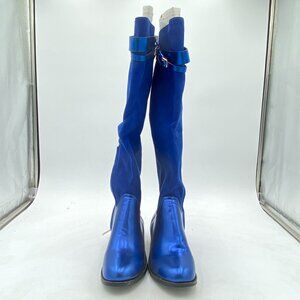 Blue Regular Round Toe Riding Knee High Boots Wide Calf Buckled Strappy Shoe